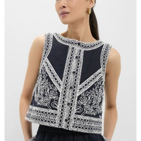 Tuckernuck Embroidered Luna Top in Navy & White Size Small Linen & Cotton - Picture 1 of 13
